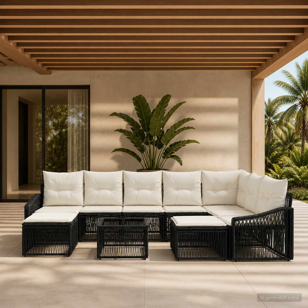 Havesofa Sæt 10 stk. Sort polyrattan