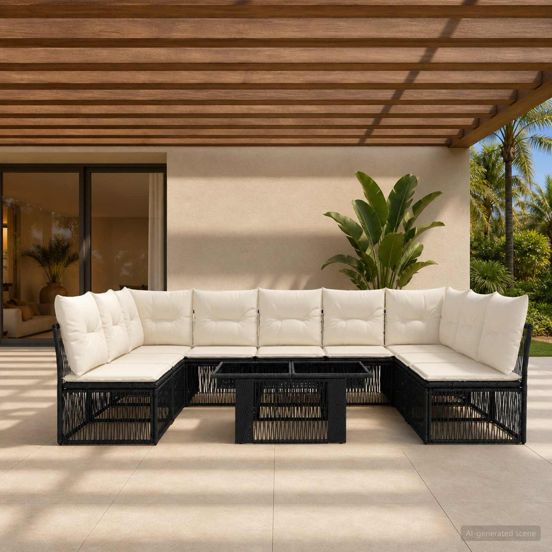Havesofa Sæt 10 stk. Sort polyrattan