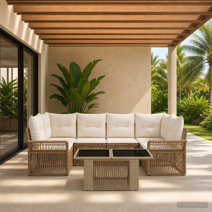 Havesofa Sæt 7 stk. Beige og cremehvid polyrattan