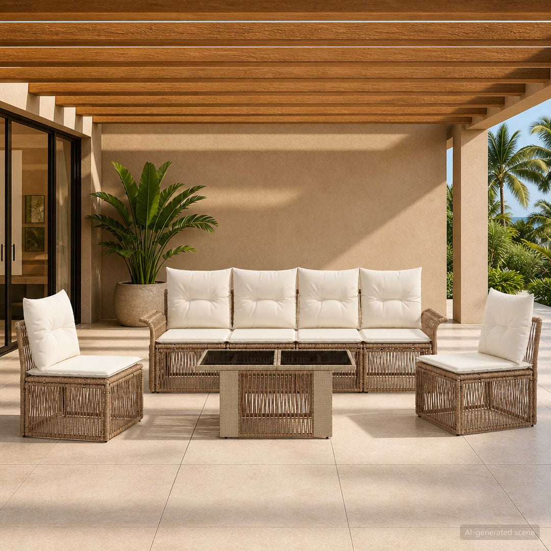 Havesofa Sæt 7 stk. Beige og cremehvid polyrattan