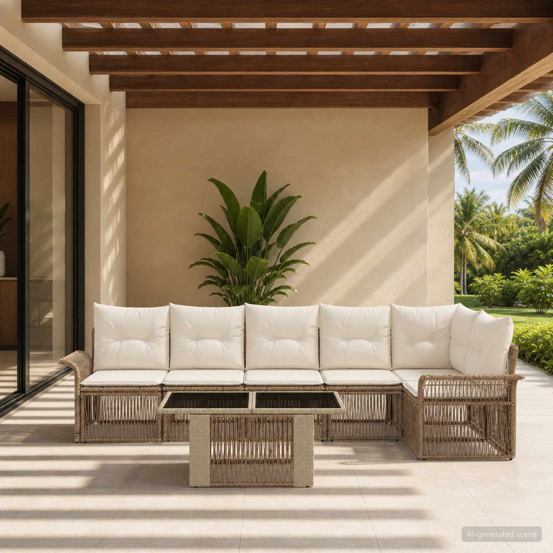 Havesofa Sæt 7 stk. Beige og cremehvid polyrattan