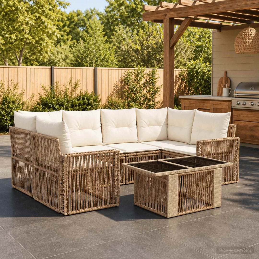 Havesofa Sæt 7 stk. Beige og cremehvid polyrattan