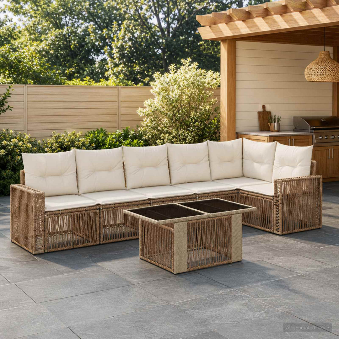 Havesofa Sæt 7 stk. 6-Antal sæder Beige og cremehvid polyrattan