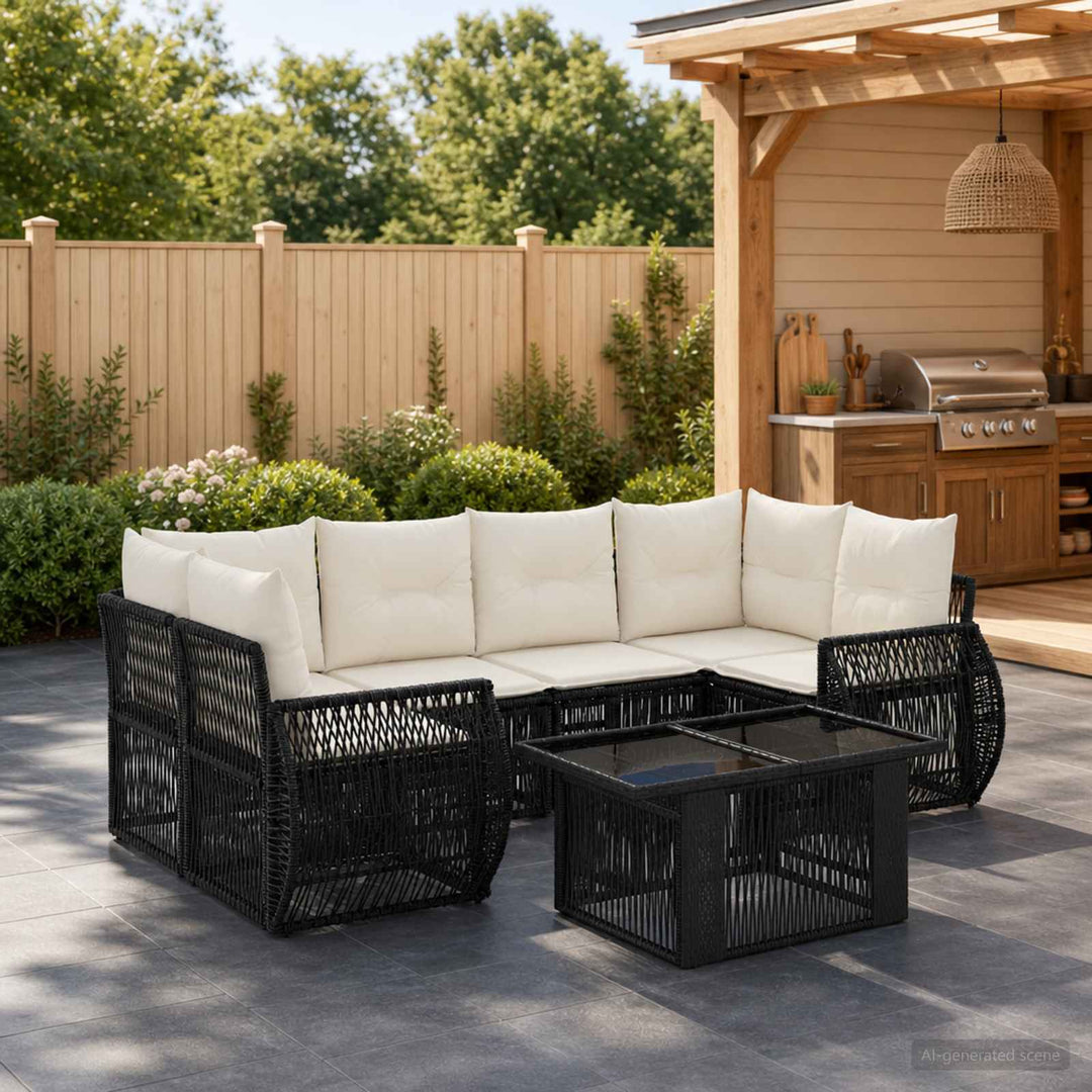 Havesofa Sæt 7 stk. Sort og Cremehvid polyrattan