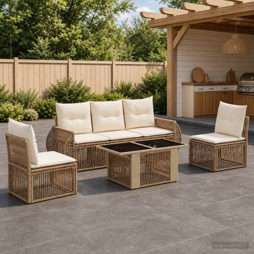 Havesofa Sæt 6 stk. Beige og cremehvid polyrattan