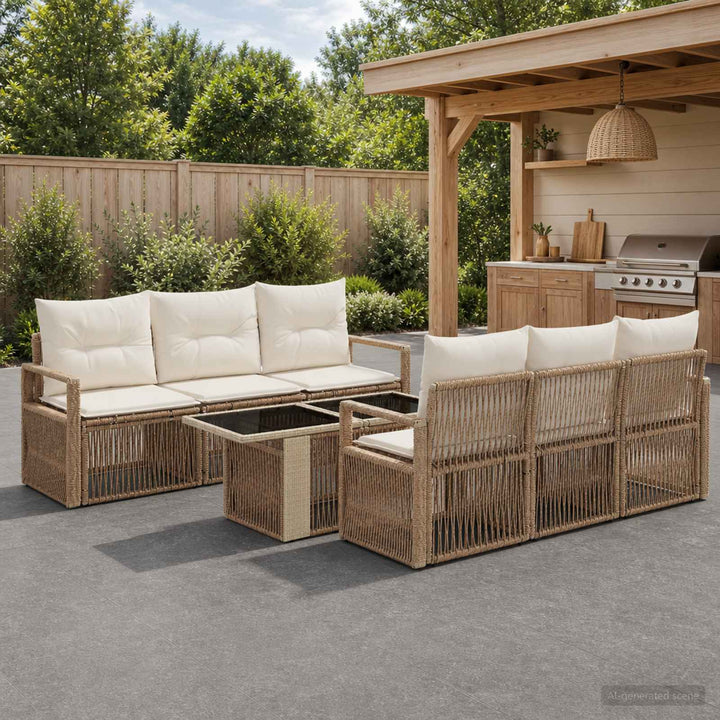 Havesofa Sæt 7 stk. Beige og cremehvid polyrattan