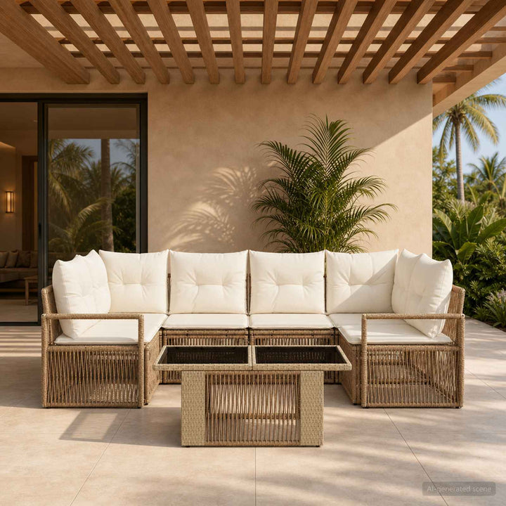 Havesofa Sæt 7 stk. Beige og cremehvid polyrattan