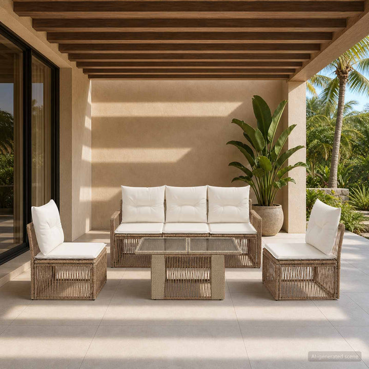 Havesofa Sæt 6 stk. Beige og cremehvid polyrattan
