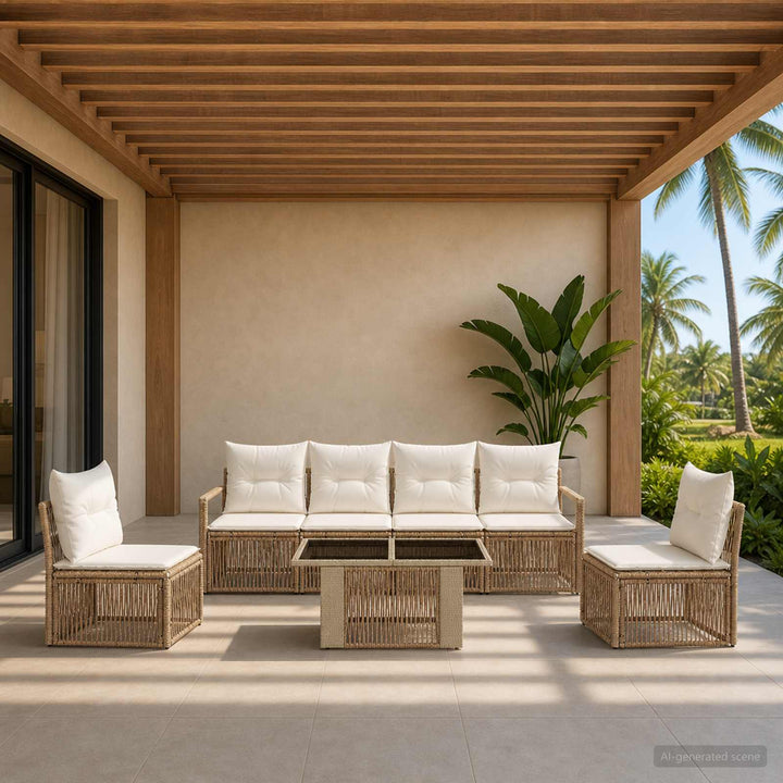 Havesofa Sæt 7 stk. Beige og cremehvid polyrattan