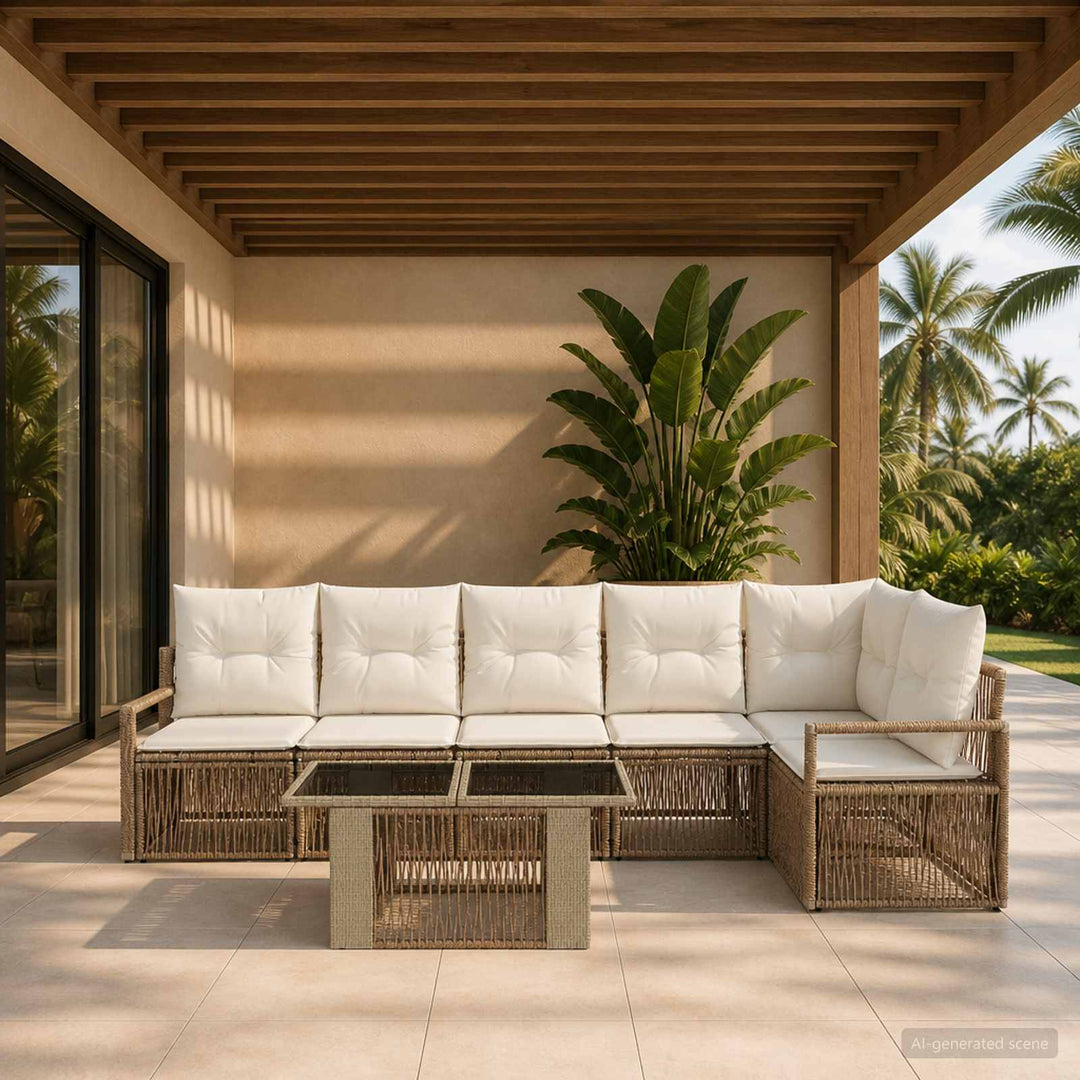 Havesofa Sæt 7 stk. Beige og cremehvid polyrattan