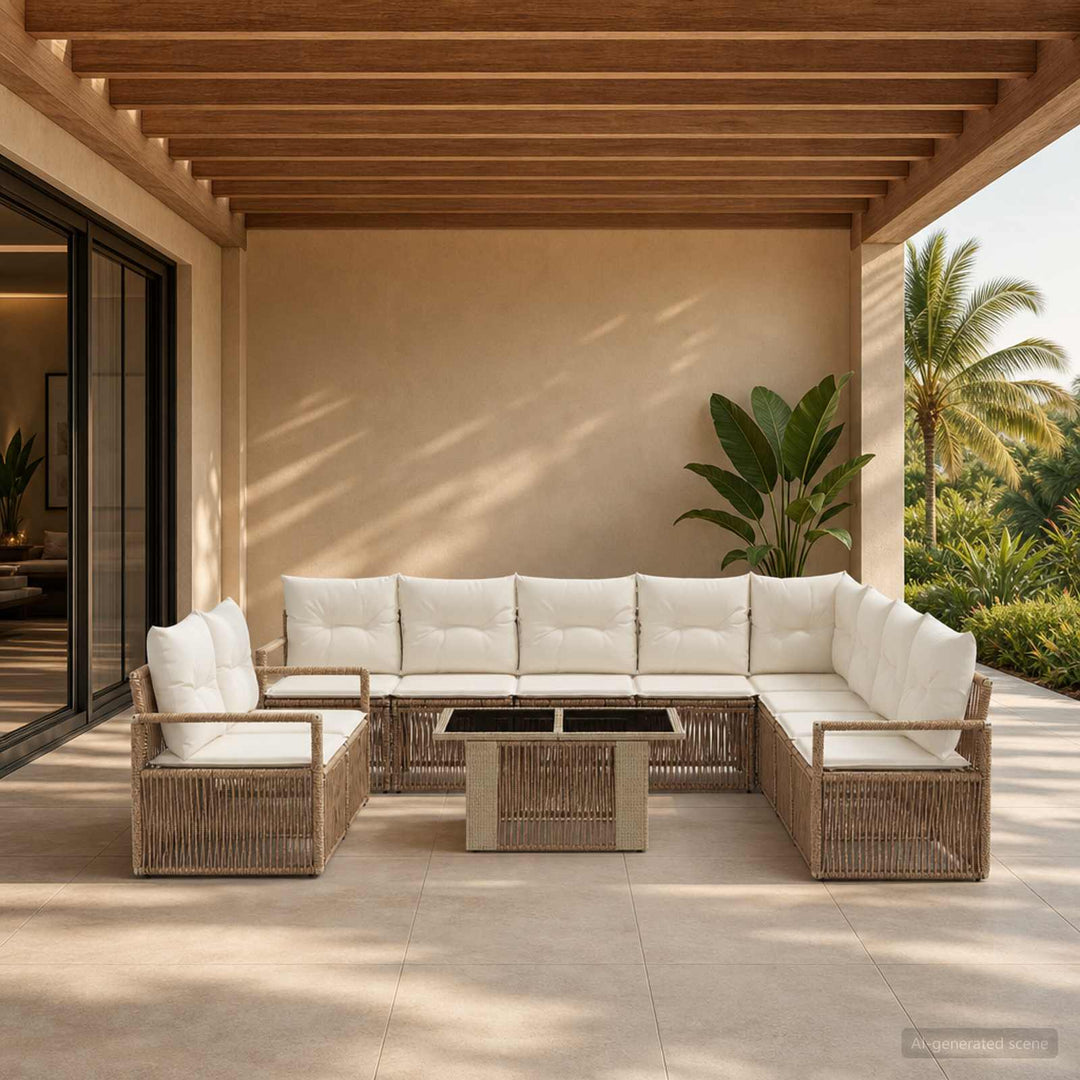 Havesofa Sæt 11 stk. Beige og cremehvid polyrattan