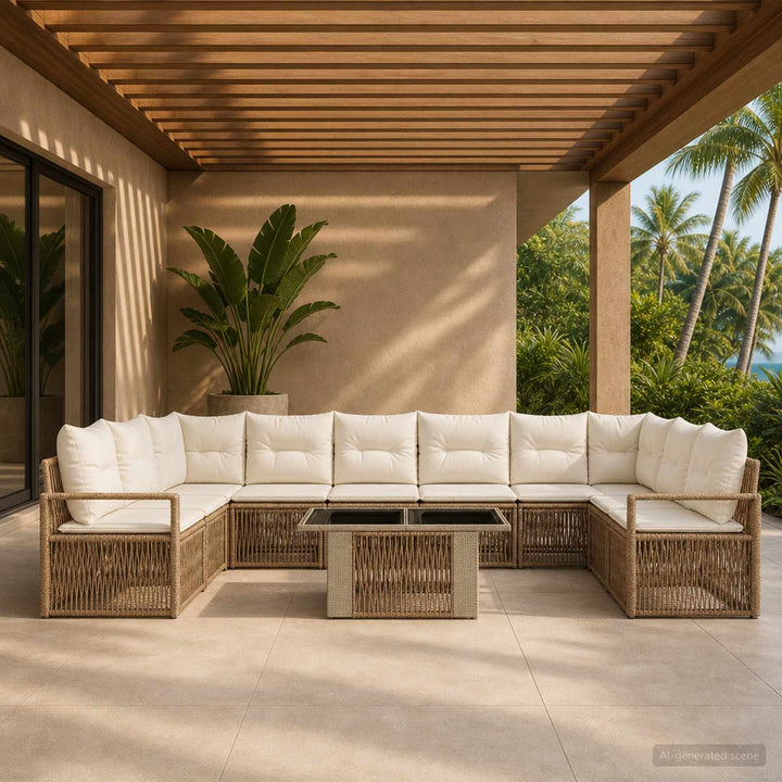 Havesofa Sæt 11 stk. Beige og cremehvid polyrattan