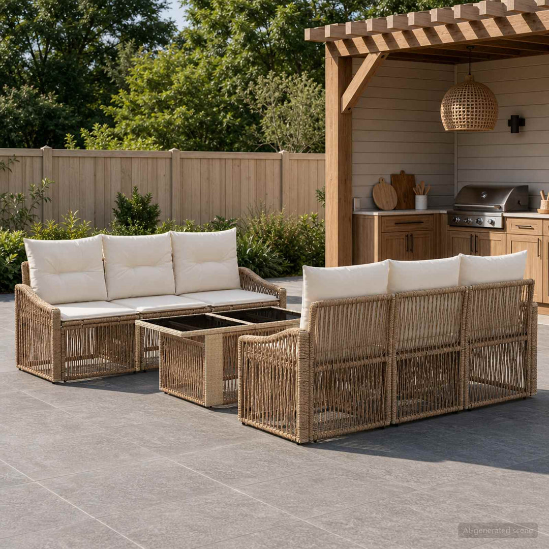 Havesofa Sæt 7 stk. Beige og cremehvid polyrattan