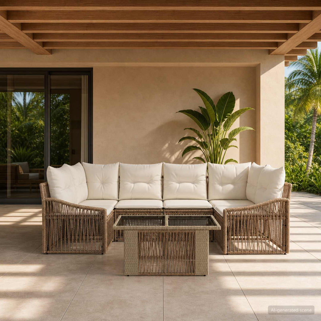 Havesofa Sæt 7 stk. Beige og cremehvid polyrattan