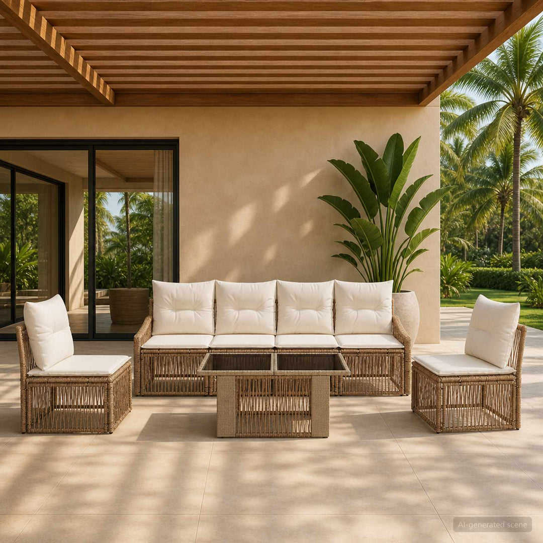 Havesofa Sæt 7 stk. Beige og cremehvid polyrattan