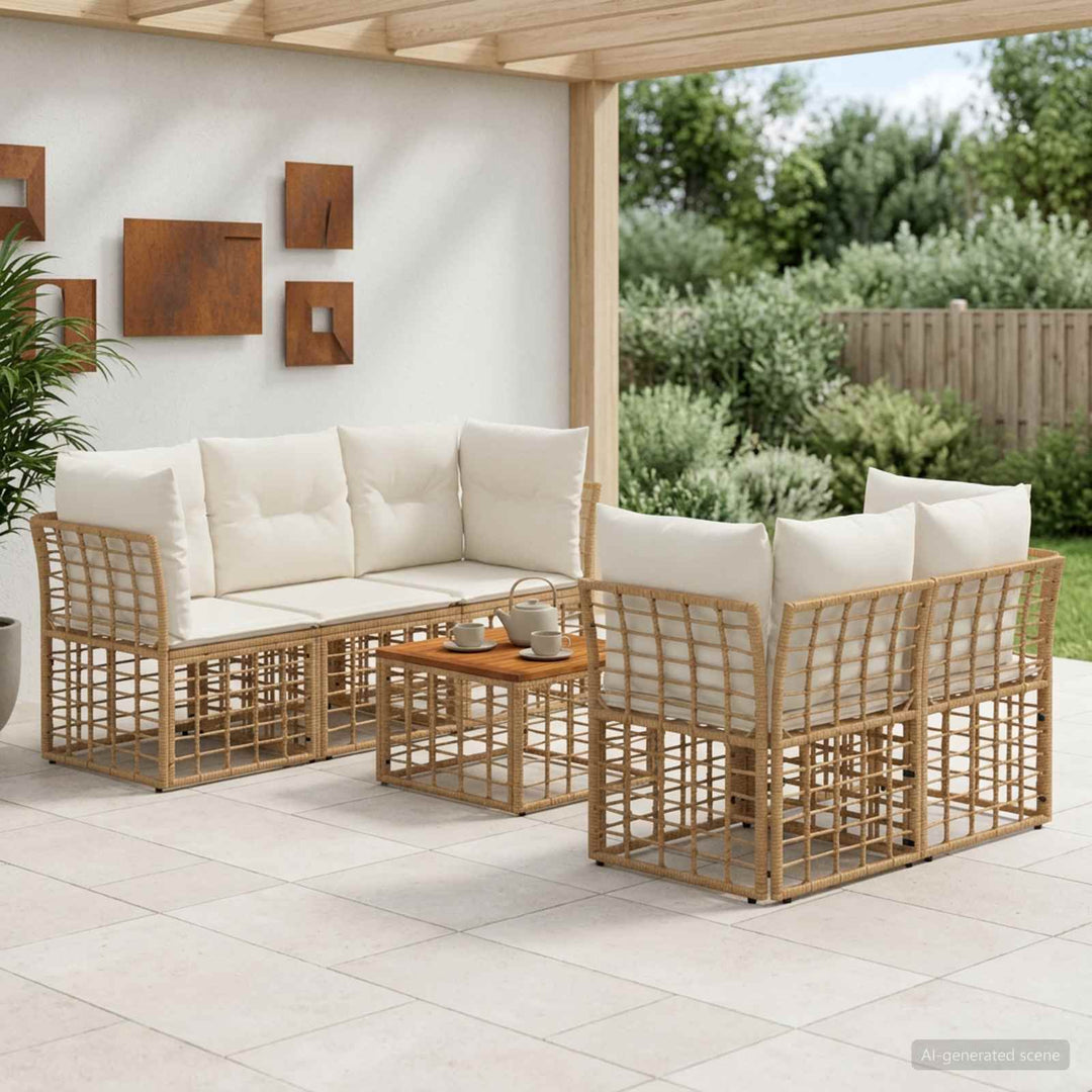 Udendørs sofagruppe 6 stk. Naturlig og Creme Hvid polyrattan