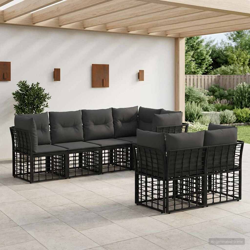 Udendørs sofagruppe med pude 7 pcs Sort Polyester