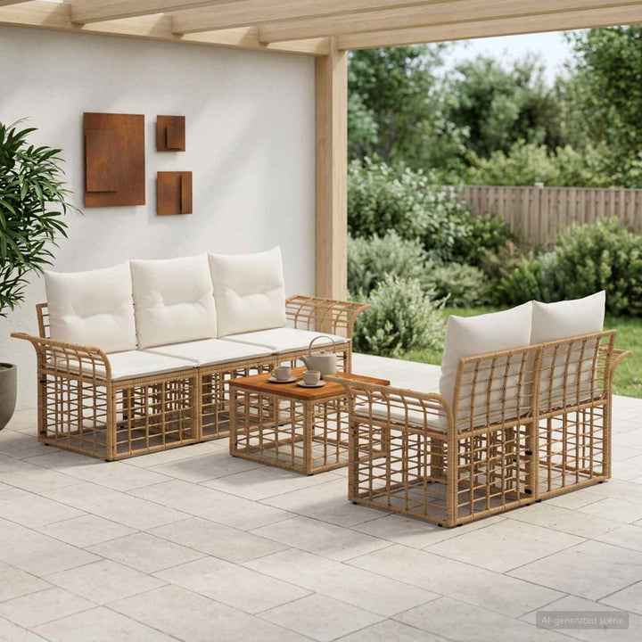 Udendørs sofagruppe 6 stk. Naturlig og Creme Hvid polyrattan