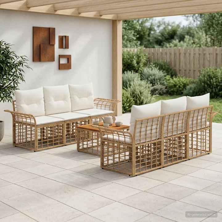 Udendørs sofagruppe 7 stk. Naturlig og Creme Hvid polyrattan