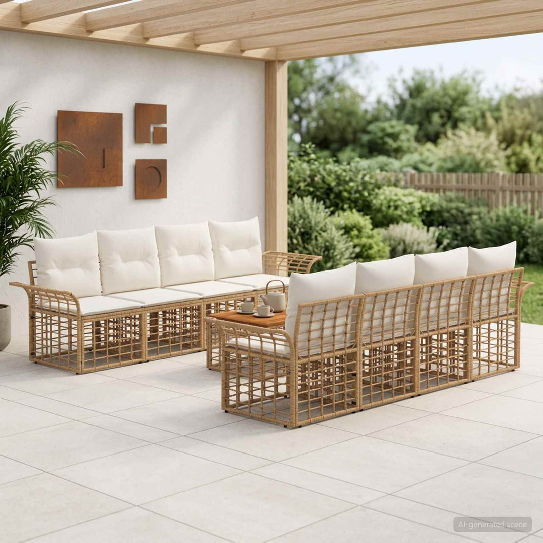Udendørs sofagruppe 9 stk. Naturlig og Creme Hvid polyrattan
