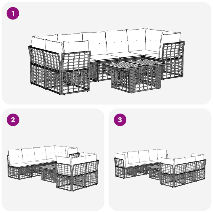 Havesofa Sæt 8 stk. Sort og Mørkegrå polyrattan
