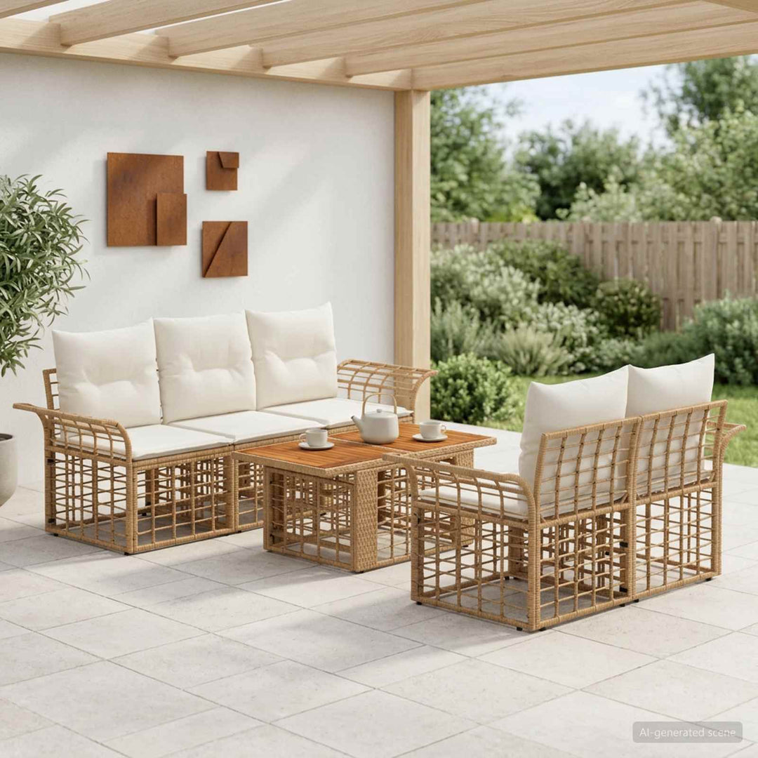 Havesofa Sæt 6 stk. Naturlig og Creme Hvid polyrattan