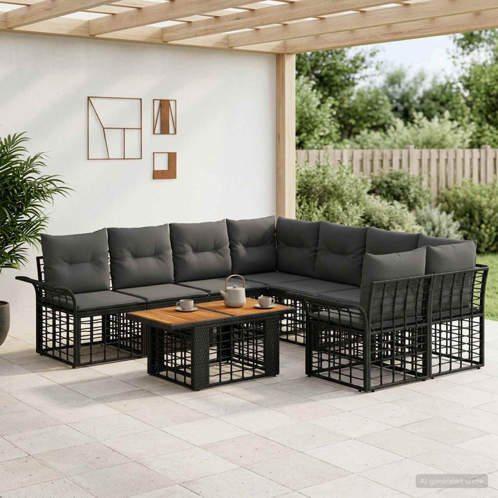 Havesofa Sæt 9 stk. Sort og Mørkegrå polyrattan