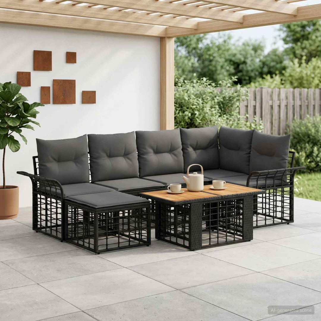 Havesofa Sæt 7 stk. Sort og Mørkegrå polyrattan