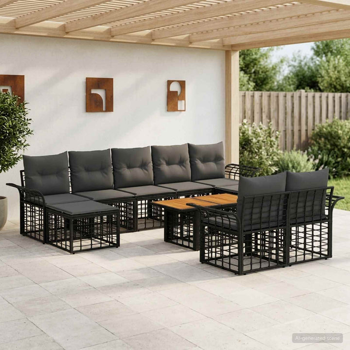 Havesofa Sæt 10 stk. Sort og Mørkegrå polyrattan