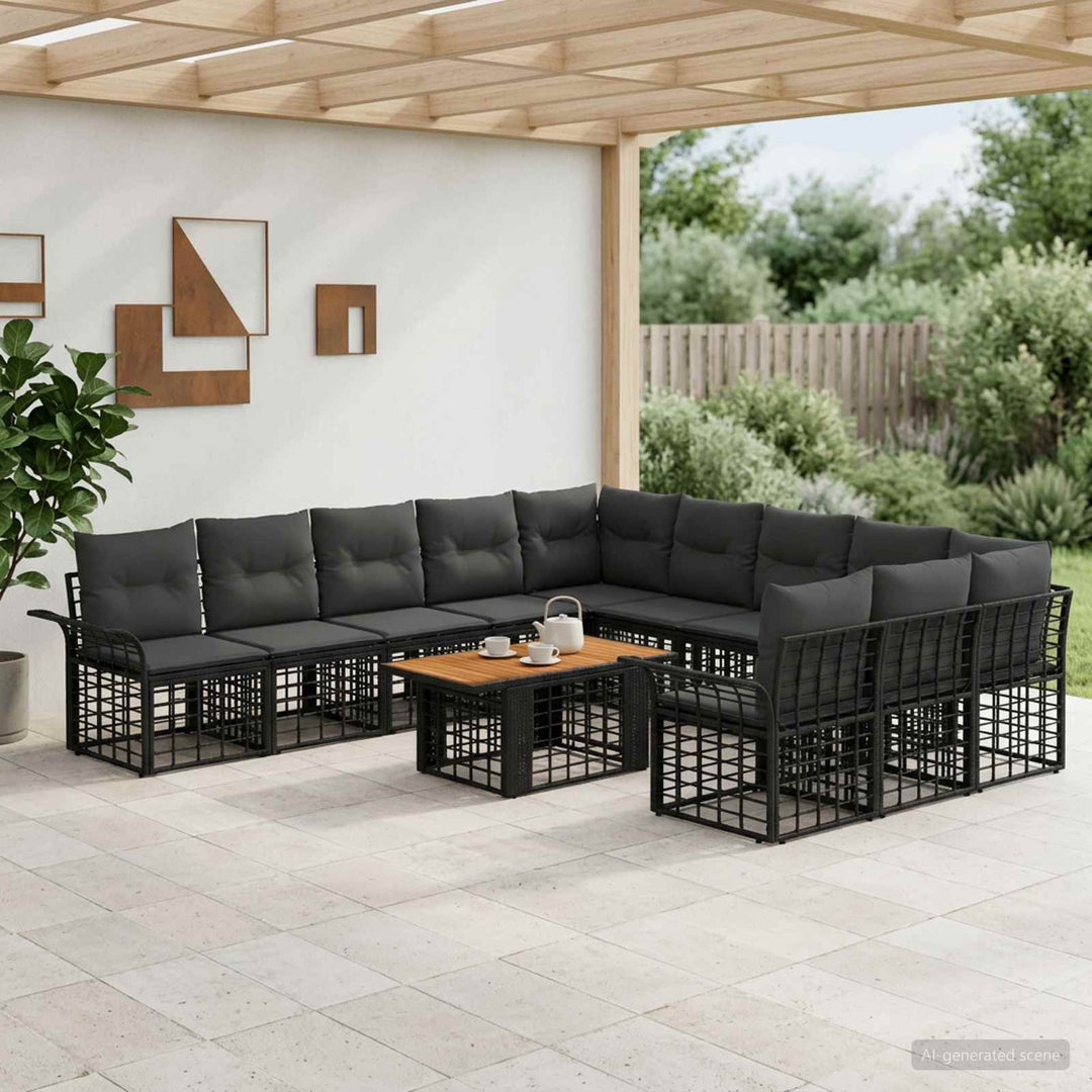 Havesofa Sæt 12 stk. Sort og Mørkegrå polyrattan