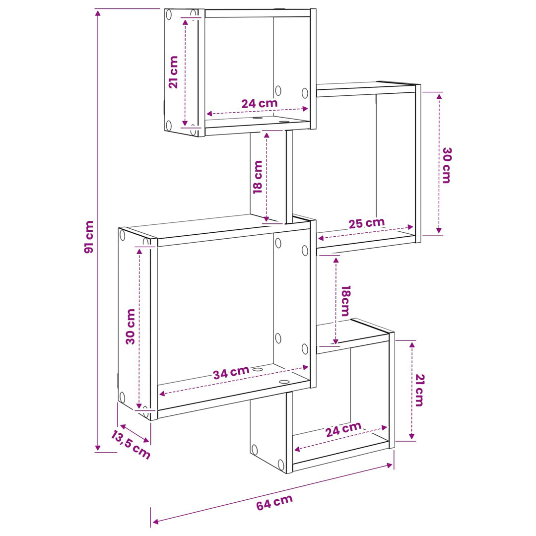 Væg Kub Hylder Vægmonteret Sort eg 64 x 13,5 x 91,5 cm
