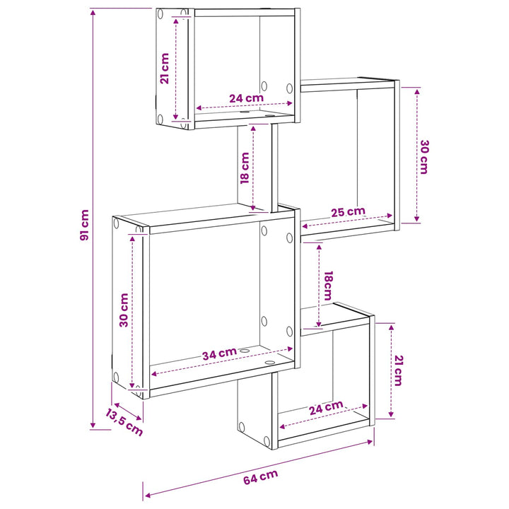 Væg Kub Hylder Vægmonteret Sort eg 64 x 13,5 x 91,5 cm