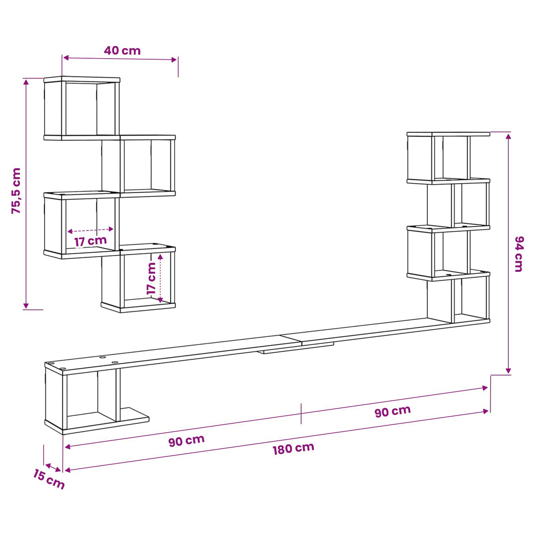 Væghængt TV-hylde Grå Sonoma 180 x 15 x 94 cm Konstrueret træ