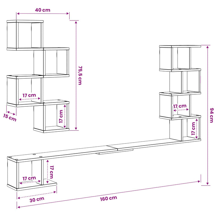 Væghængt TV-hylde Betongrå 160 x 15 x 94 cm Konstrueret træ