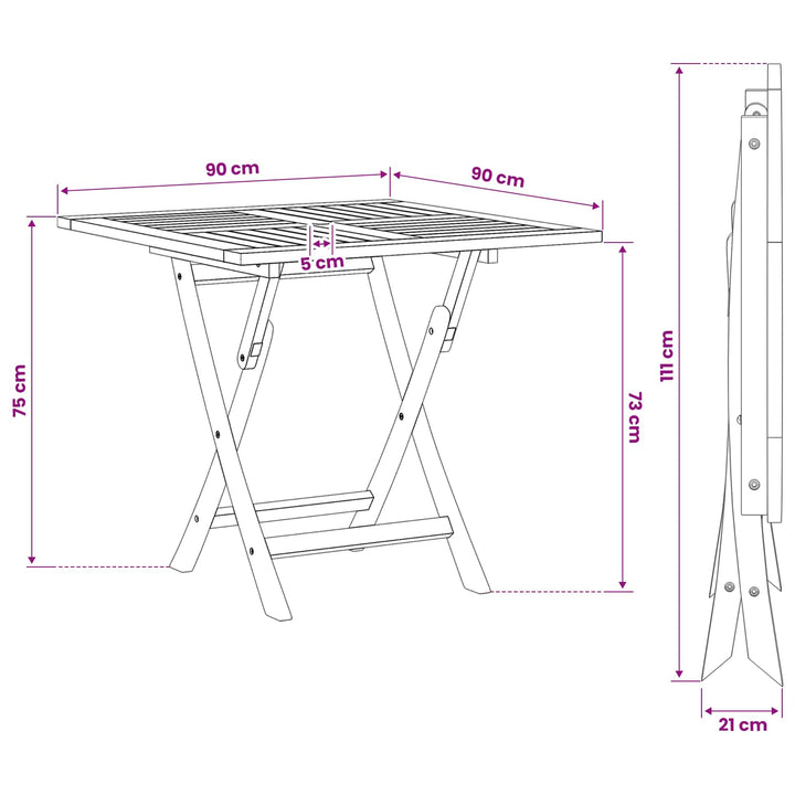 Sammenklappeligt havebord Naturfarvet 90 x 90 x 75 cm