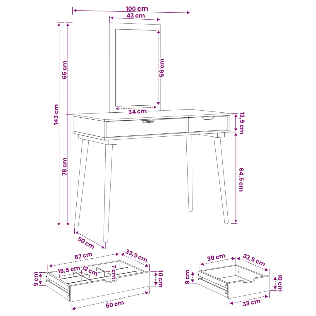 Makeupbord Sæt FAUSKE 2 pcs Hvid 100 x 50 x 143 cm
