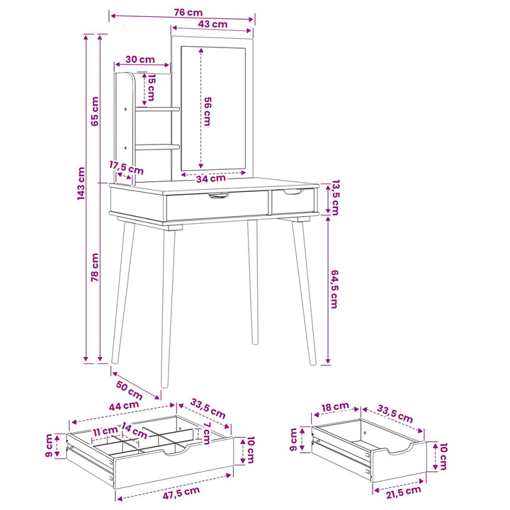 Makeupbord Sæt FAUSKE 3 pcs Hvid 76 x 50 x 143 cm