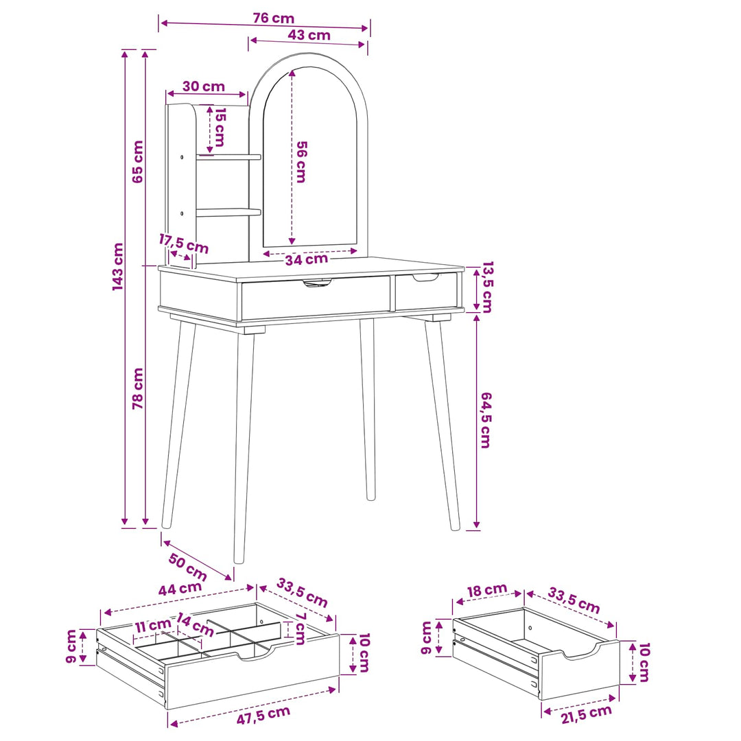 Makeupbord Sæt FAUSKE 3 pcs Hvid 76 x 50 x 143 cm