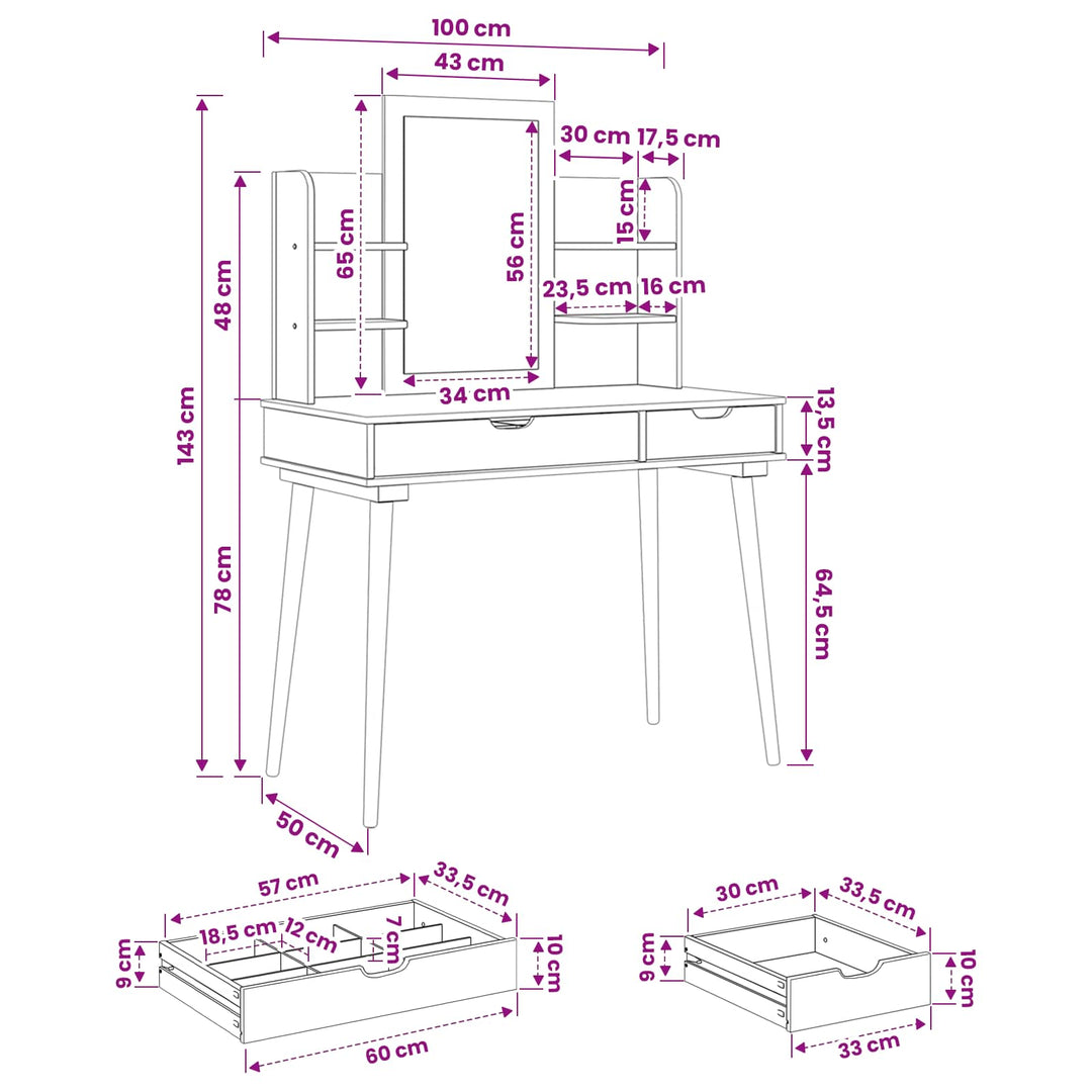 Makeupbord Sæt FAUSKE 4 pcs Hvid 100 x 50 x 143 cm