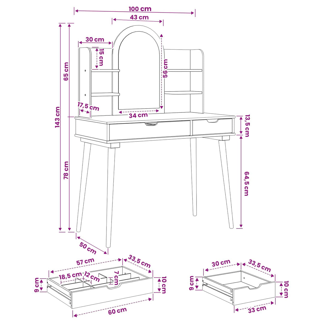 Makeupbord Sæt FAUSKE 4 pcs Hvid 100 x 50 x 143 cm
