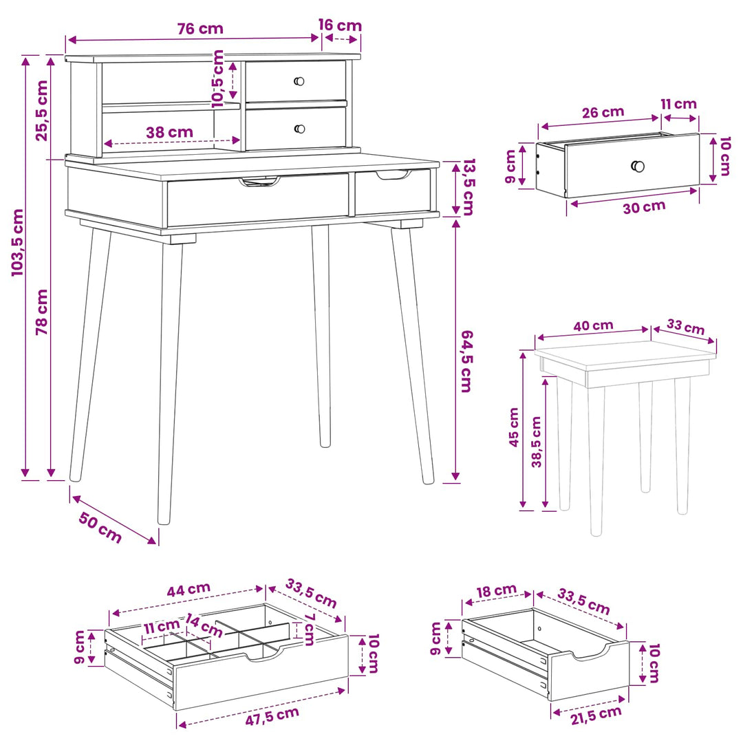 Makeupbord Sæt FAUSKE 3 pcs Hvid 76 x 50 x 103,5 cm