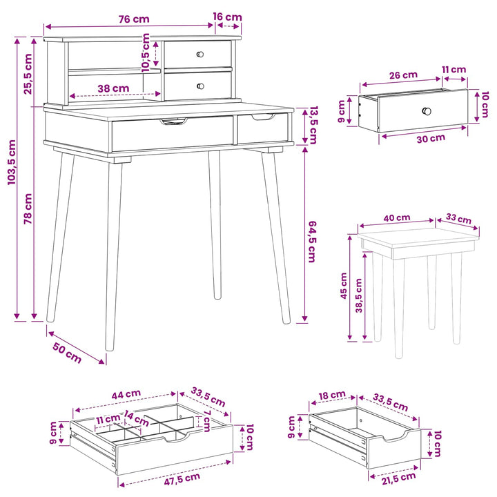 Makeupbord Sæt FAUSKE 3 pcs Hvid 76 x 50 x 103,5 cm