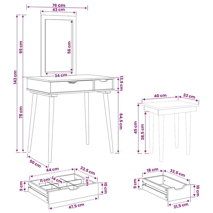 Makeupbord Sæt FAUSKE 3 pcs Hvid 76 x 50 x 143 cm