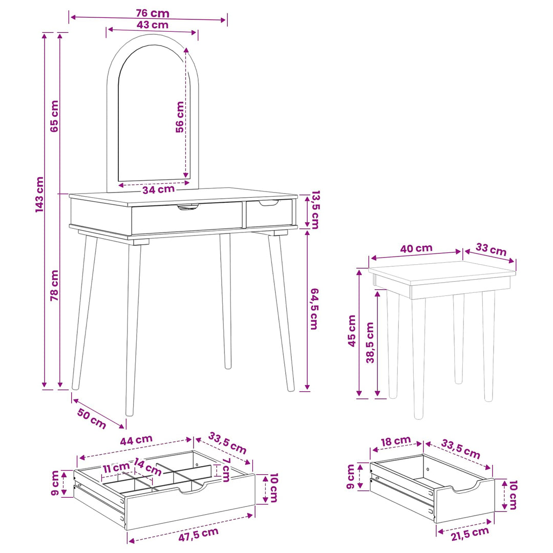 Makeupbord Sæt FAUSKE 3 pcs Hvid 76 x 50 x 143 cm