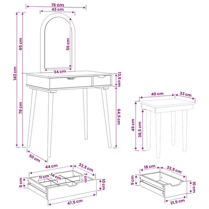 Makeupbord Sæt FAUSKE 3 pcs Hvid 76 x 50 x 143 cm