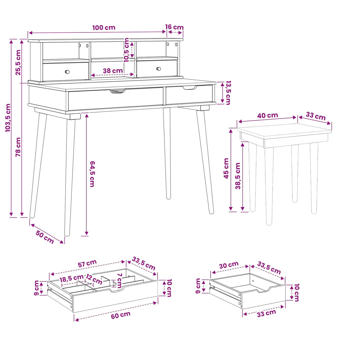 Makeupbord Sæt FAUSKE 3 pcs Hvid 100 x 50 x 103,5 cm