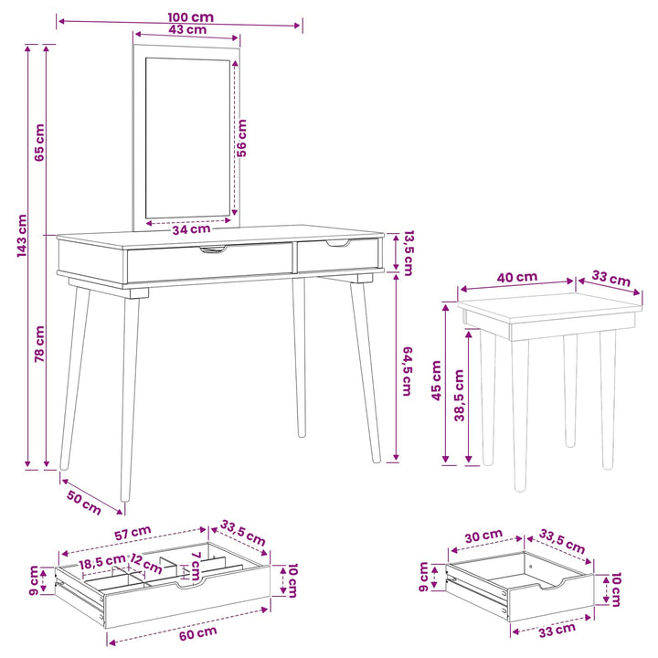 Makeupbord Sæt FAUSKE 3 pcs Hvid 100 x 50 x 143 cm