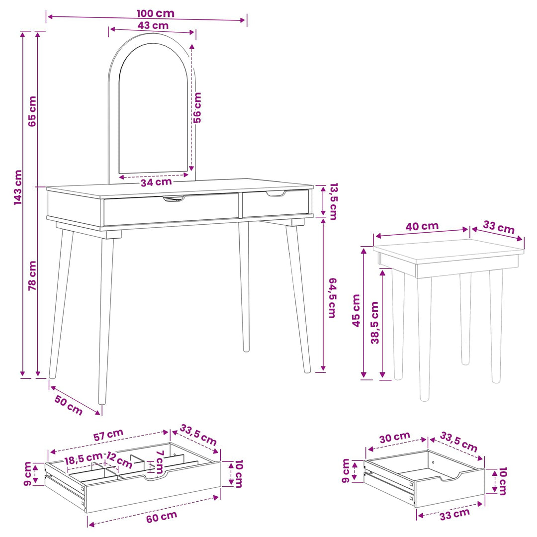 Makeupbord Sæt FAUSKE 3 pcs Hvid 100 x 50 x 143 cm