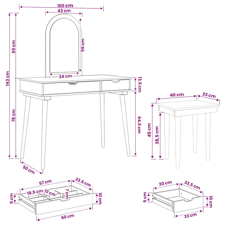Makeupbord Sæt FAUSKE 3 pcs Hvid 100 x 50 x 143 cm