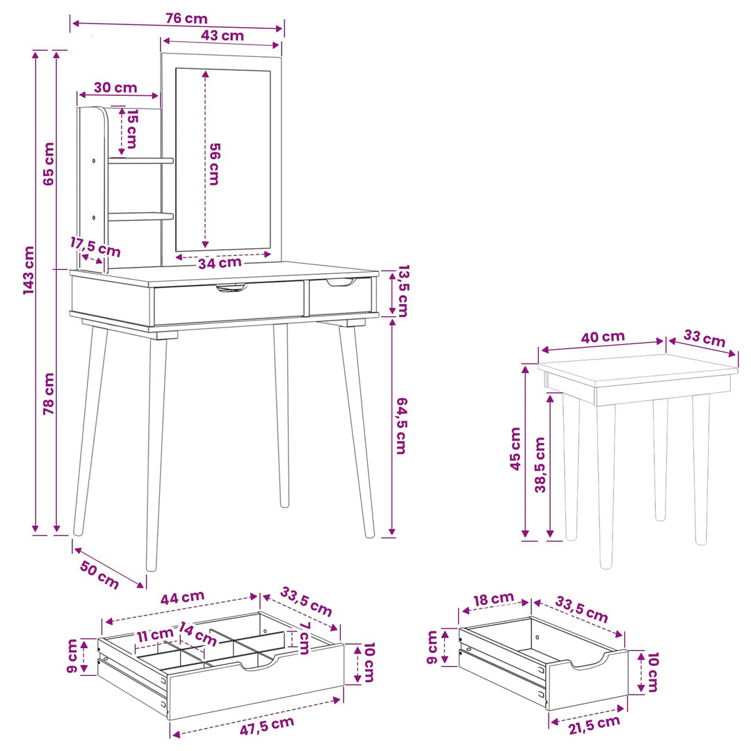 Makeupbord Sæt FAUSKE 4 pcs Hvid 76 x 50 x 143 cm